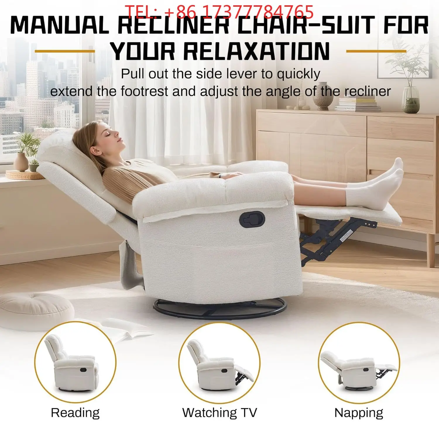 Chenille Manual Swivel Rocker Recliner Chair with Side Pockets for Nursery Small Living Room Furniture