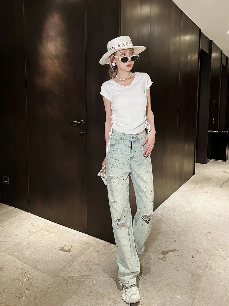 High Street Ripped Jeans for Women 2024 Summer New Heavy Embroidery Hot Drilling Polka Dot Denim Straight Pants Long Trousers