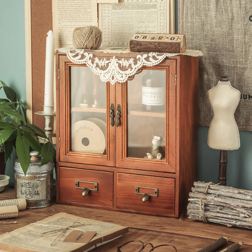 Retro Wooden Desktop Storage Organizer with Drawer