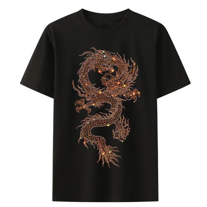 IZEVUS new dragon hot diamond pattern men\'s short sleeve T-shirt Fashion casual short sleeve T-shirt