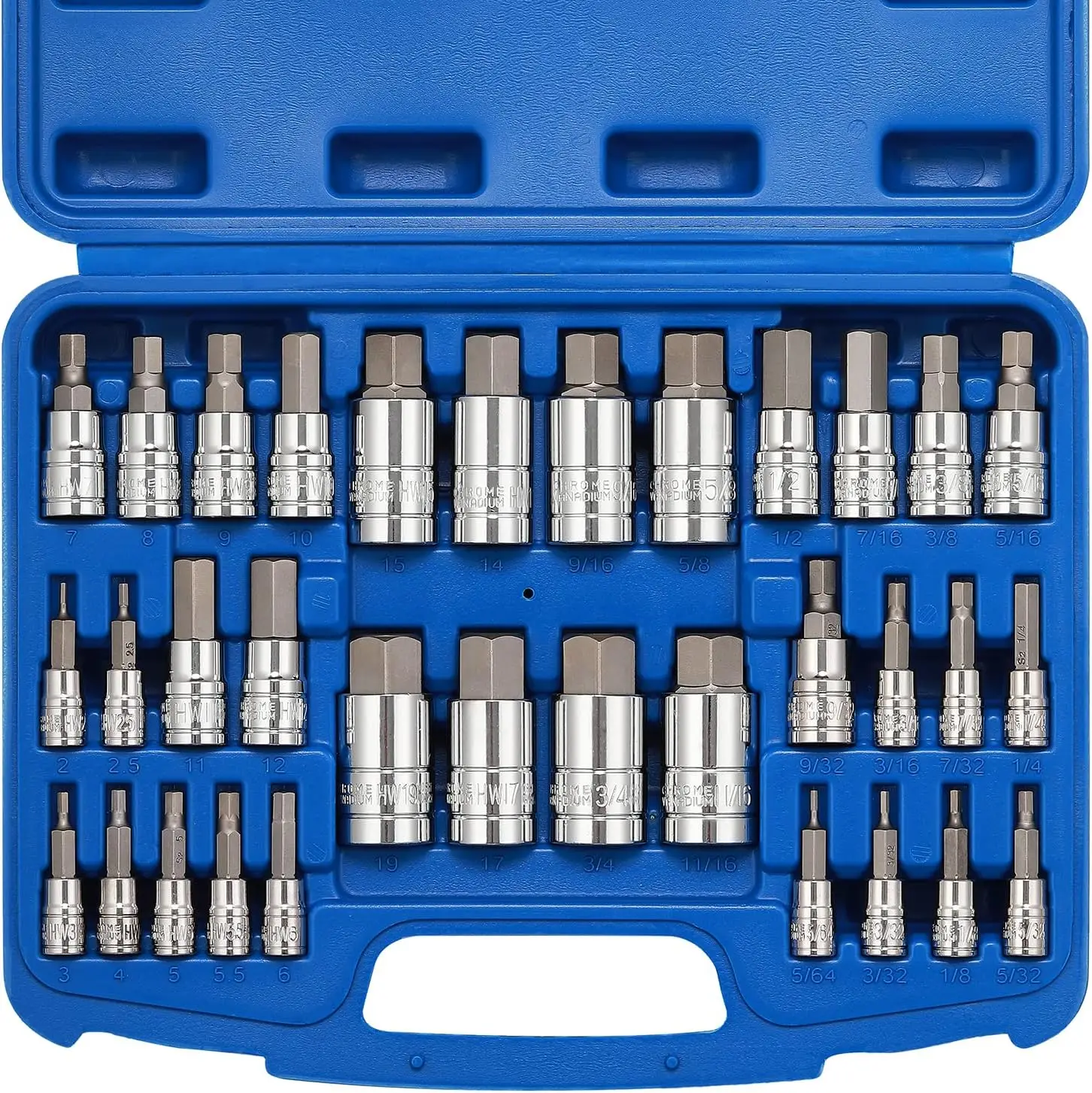 

Набор шестигранных бит-головок Master, 33 шт., сталь S2 и Cr-V, SAE и метрические размеры, от 5/64 дюйма до 3/4 дюйма, от 2 мм до 19 мм