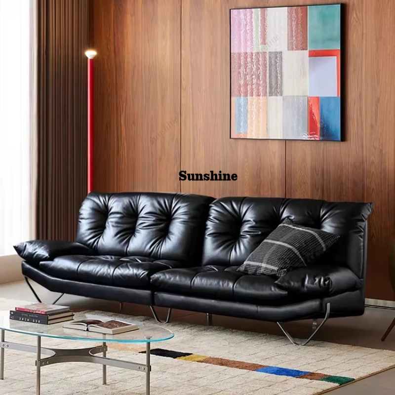 

Italian minimalist black top layer cowhide high back suspended leather straight sofa