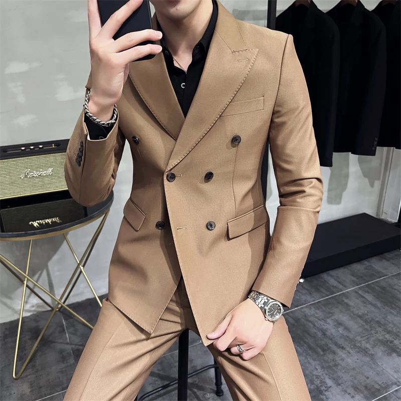 

(Jackets+Trousers) Fashion Double Breasted Design Slim Fit Men's Suit Italian Style Luxury Wedding Social Party Tuxedo 2 Piece
