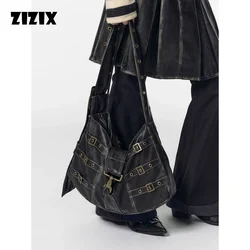 Vintage Women Black Motor Shoulder Bags Design Commuter Grunge Handbag Soft Pu Leather Punk Crossbody Bags Large Capacity 2023