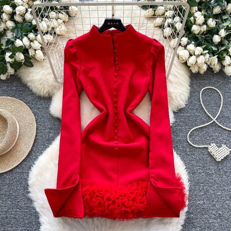 

Dress Women's Spring Korean Style Slim Fit High Neck Long Sleeve Slimming A-Line Skirt Luxurious Feel Single-Breasted New Niche
