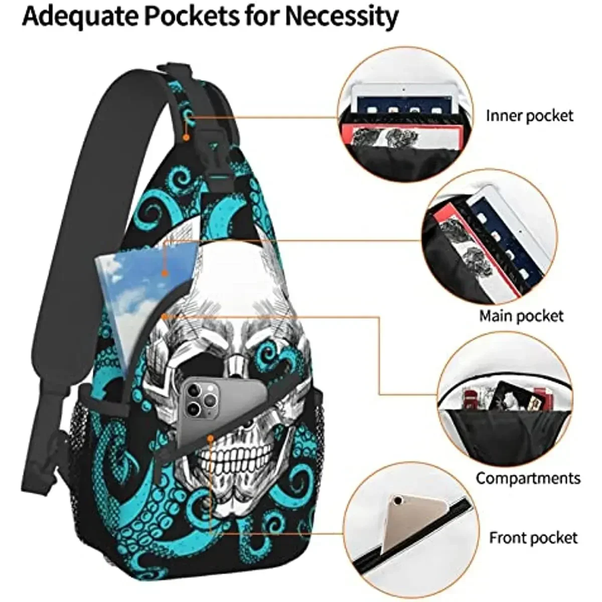 Bolso bandolera con tentáculo de calavera para mujer, mochila cruzada para el pecho, mochila para senderismo, mochila informal de viaje para hombre, paseo al aire libre, playa, poliéster