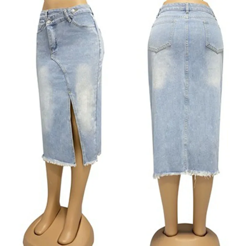 DongCMY 高級ファッション春と夏の新レトロデニムスカートの女性のファッションスリットスプライシングミッドレングス A ラインスカート
