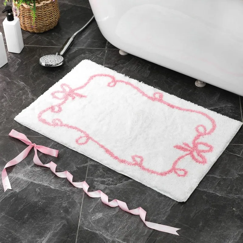 Ultra Fine Fiber Bathroom Carpet, White Cute Bath Mat with Pink Bow, Soft Non-Slip Washable