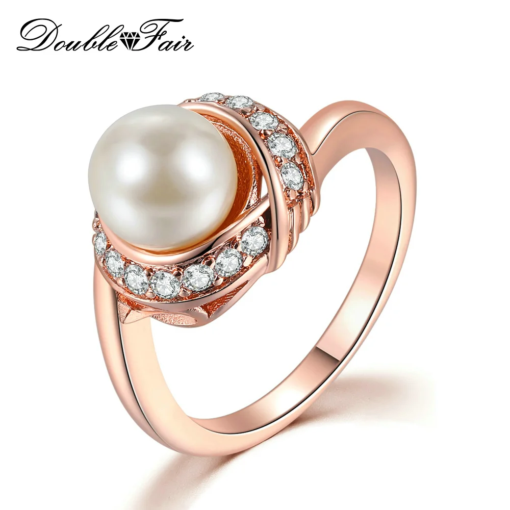 Fashion Brand Austrian Crystal Rose Gold Color Simulated Pearl Rings for Women Wedding Vintage New Jewelry R676