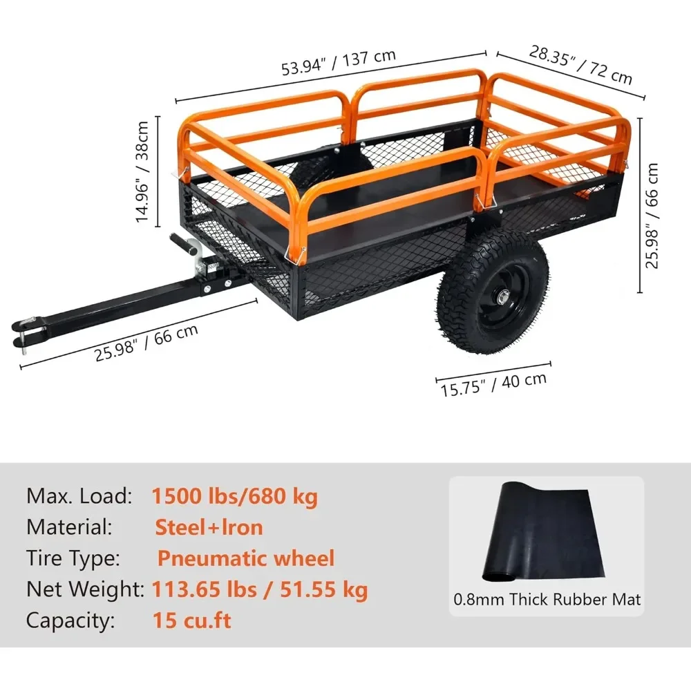 頑丈なスチール製ユーティリティトレーラー、15立方フィート、トラクター、芝刈り機、庭の運搬に適したATVダンプトレーラー