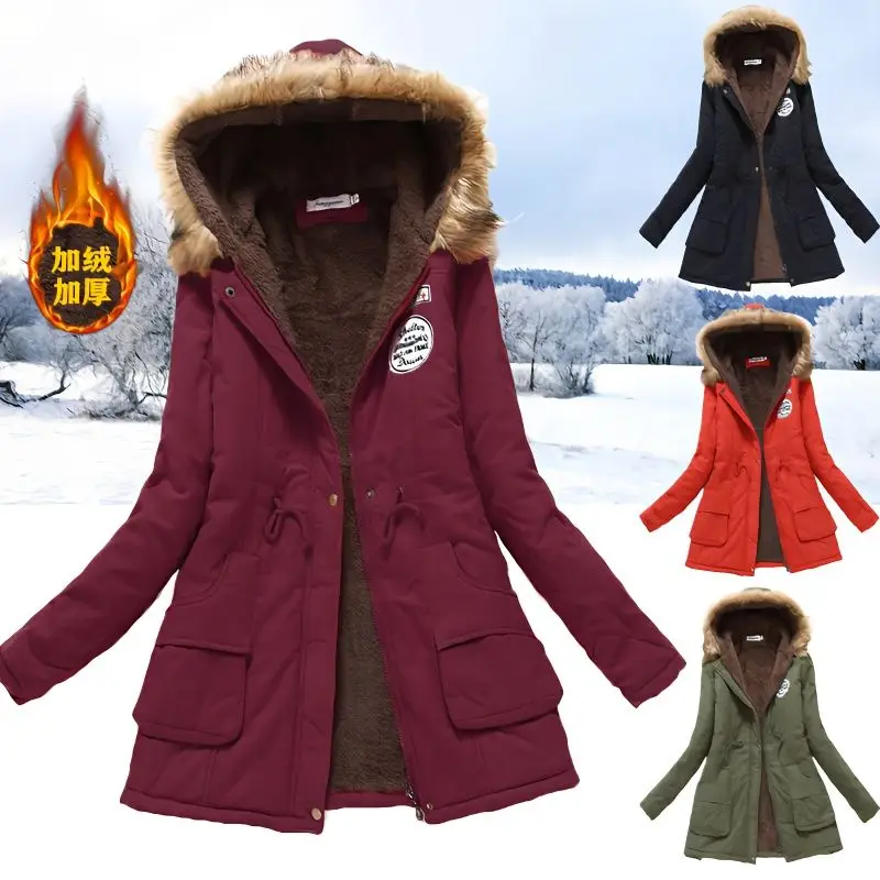 New 2023 Autumn Winter Casual Women Parkas Red Color Slim Long Cotton Coat Adjustable Waist Outwear Female Jacket Femme