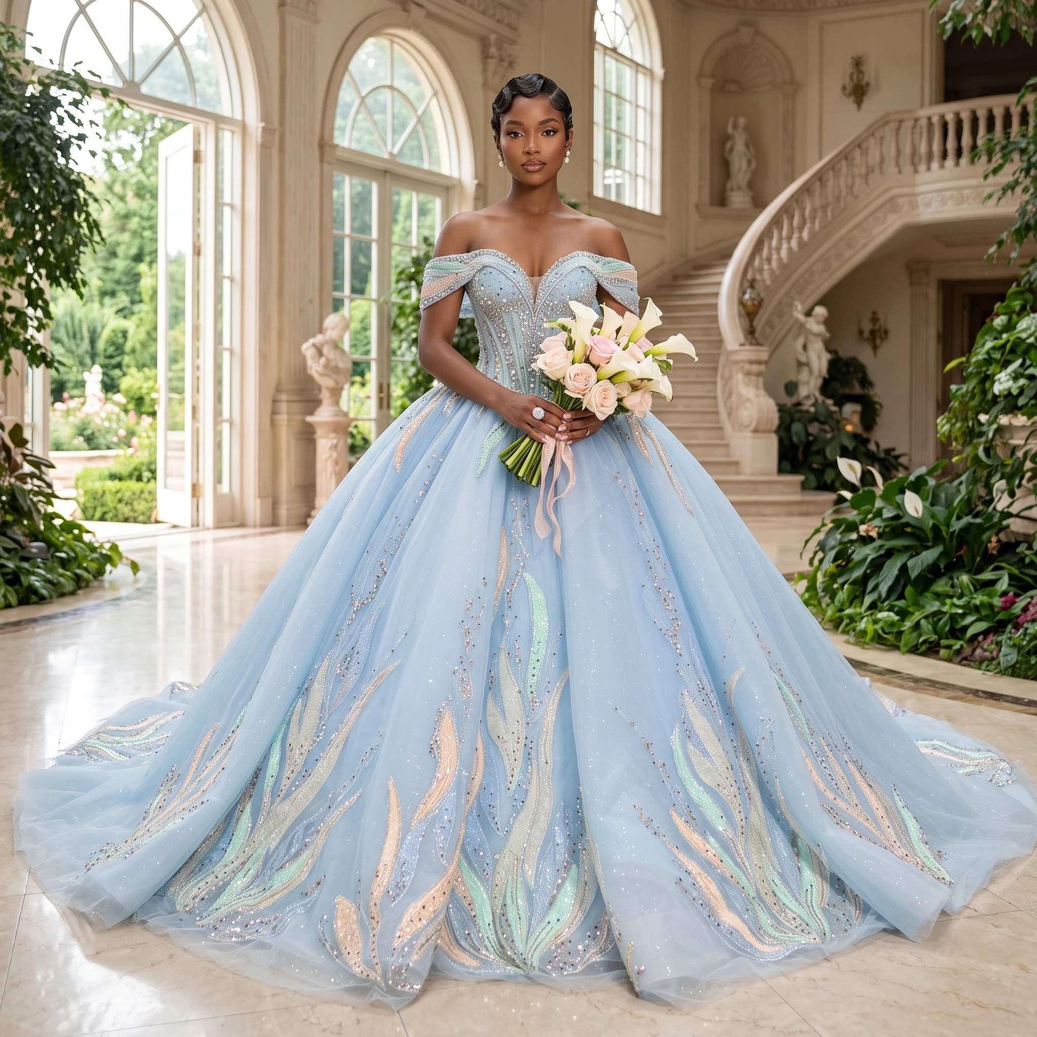 Light Blue Quinceanera Dress Ball Gown Off Shoulder Beaded Corset Appliques Sequin Tulle Sweet 15 Vestido de Quinceanera