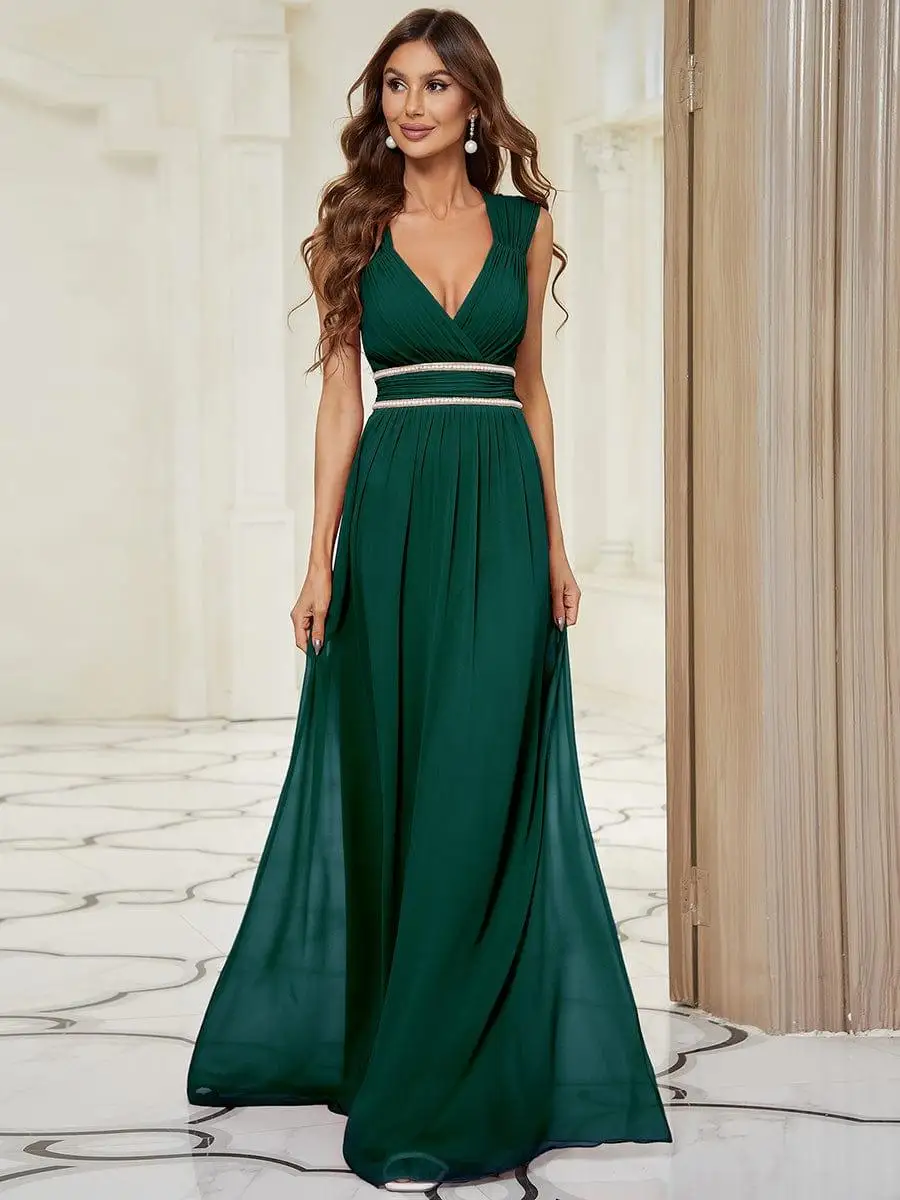 

Jirocum Women's Formal Evening Dress Emerald Green Deep V-Neck Wedding Dress Sleeveless Rhinestone Waistband Chiffon A-Line Gown