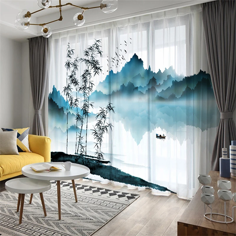 

Custom Chiffon Sheer Curtain Window Drape for Bedroom Living Room Mountain Hills River Boat Bamboo Landscape