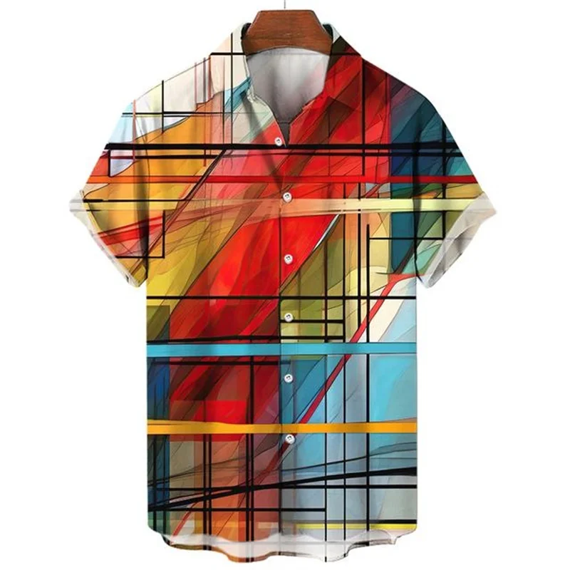 Men Colorful 3d Printed Plaid Shirt Hot Sale Causal Fashion Hawaiian Shirts Loose Short Sleeve Button Beach Blouse Male Clothing