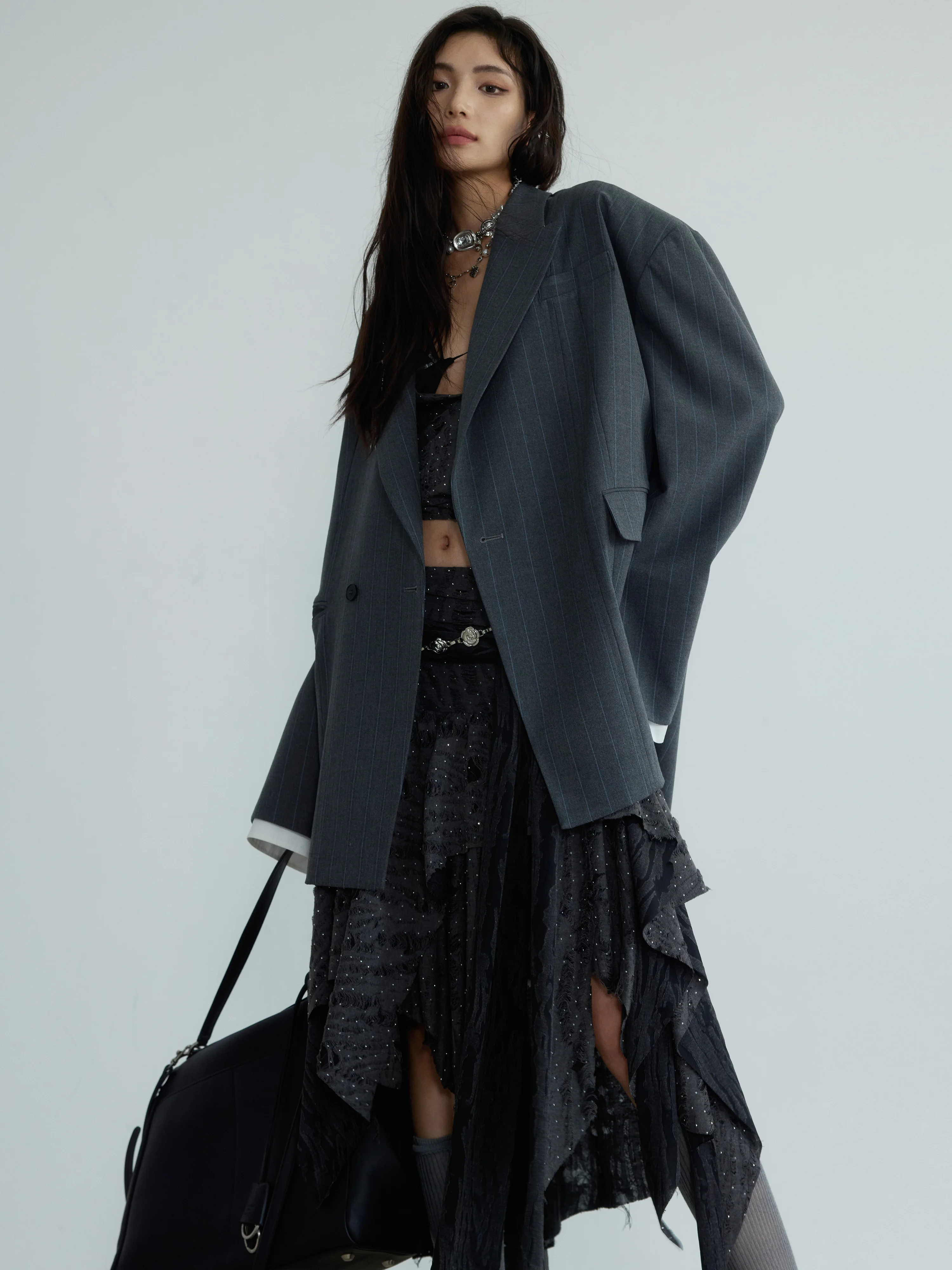 

SuperAen Korean Style Oversize Gray Striped Long-sleeved Suits Autumn New Vintage Single Button Loose Waist Coats