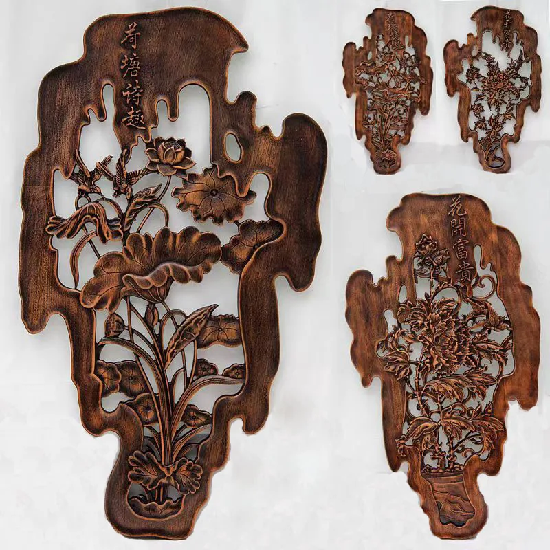 Chinese Traditional Wood Carving, Living Room Wooden Hanging, Courtyard Decoration Pendant, 3D Plant Art Crafts, Home Wall Decor