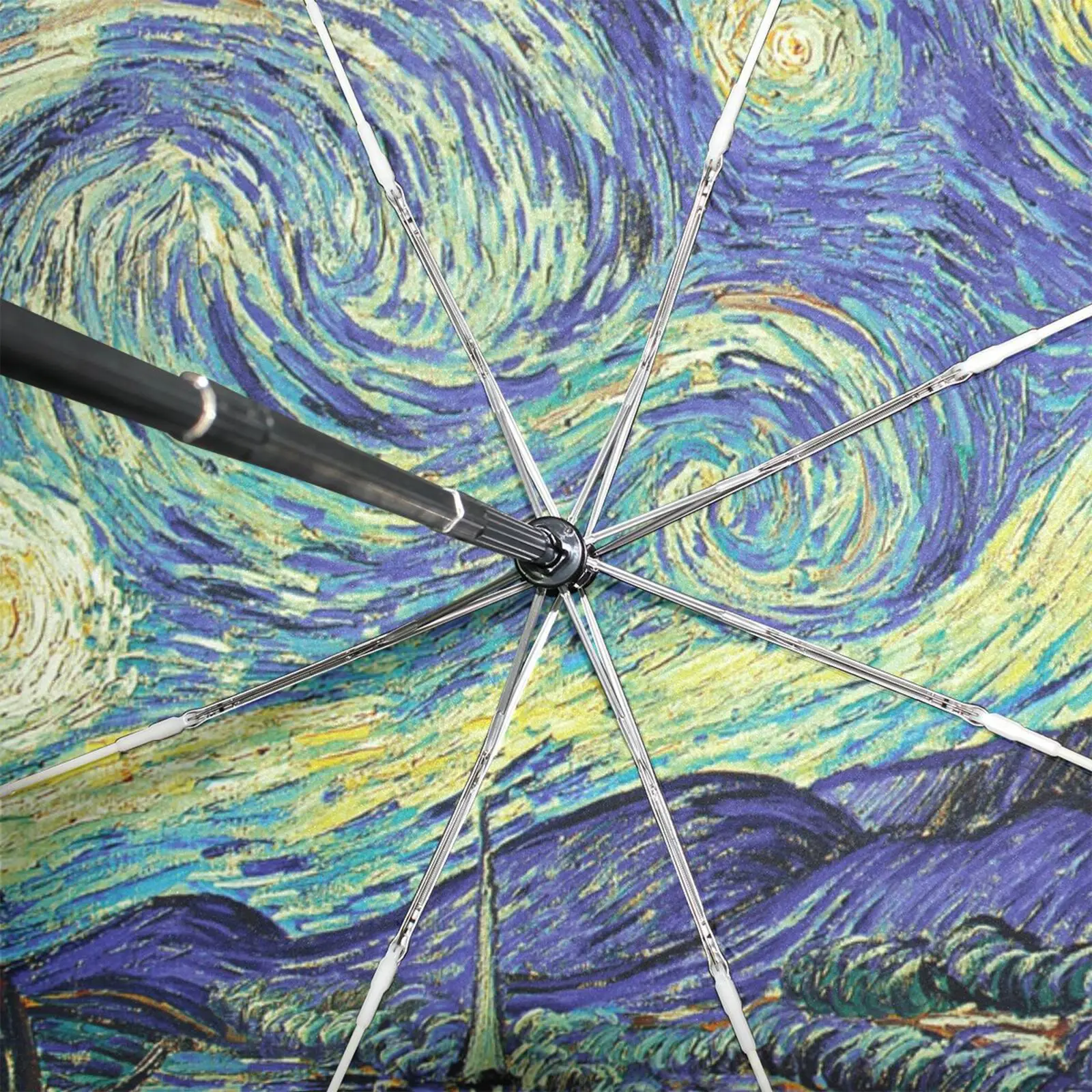 Outer Black Coating Automatic Umbrella Parasol Van Gogh Starry Night Painting Portable Anti-UV Three Folding Umbrella Rain Women