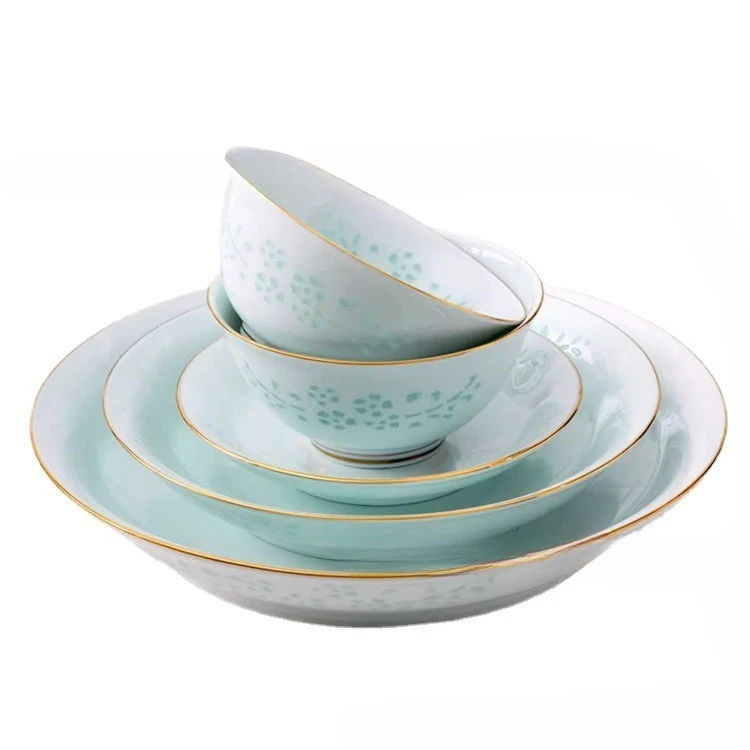 Celadon exquisite tableware set, bowl plate, household set, underglaze color, high-end Phnom Penh dishes, gifts