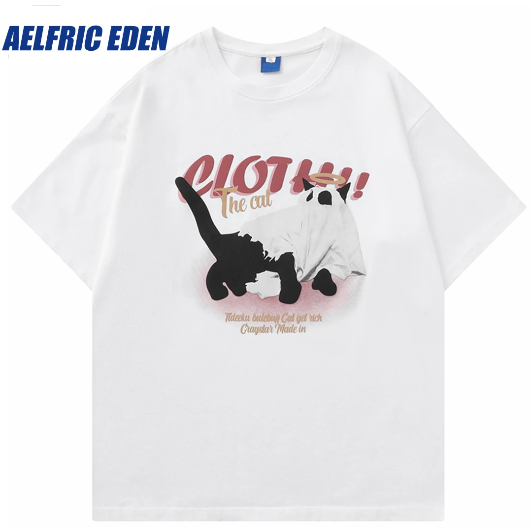 Aelfric Eden Funny Masked Cat Graphic T-Shirt Men Tshirt Streetwear Vintage Washed FabricHarajuku T Shirt Cotton Tops Tee Purple