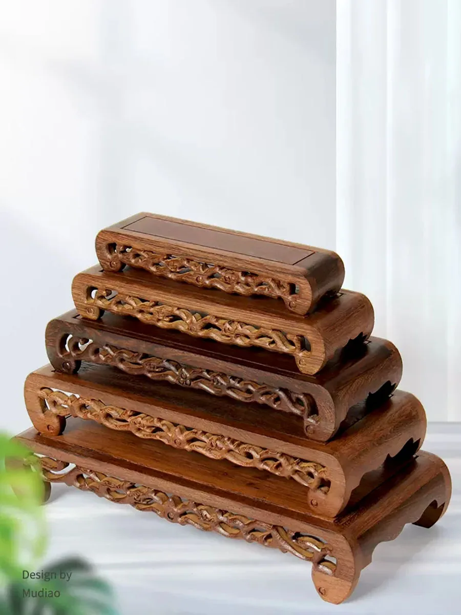 Chicken Wing Wood Ornament Base, Rectangular Stone Flower Pot, Solid Wood Base, Mahogany Carving, Buddha