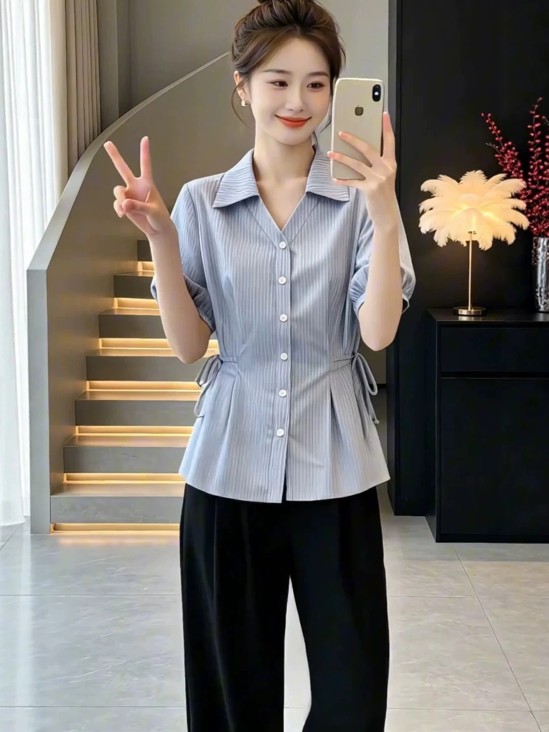 

Blue Striped Short Sleeve Women's Shirt Korean Style Slimming Drawstring Waist Turn-down Collar Summer New plus Size Top
