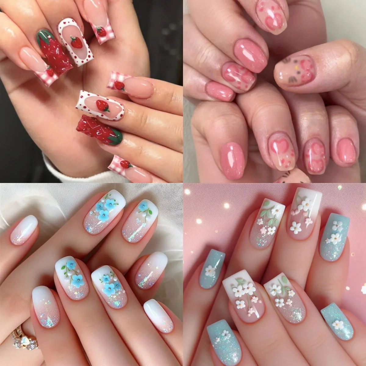 

Strawberry Bowknot Daisy Flower Square False Nails Art Ballet Fake Nails Glitter Powder Press on Nails Charms DIY Manicure Tools