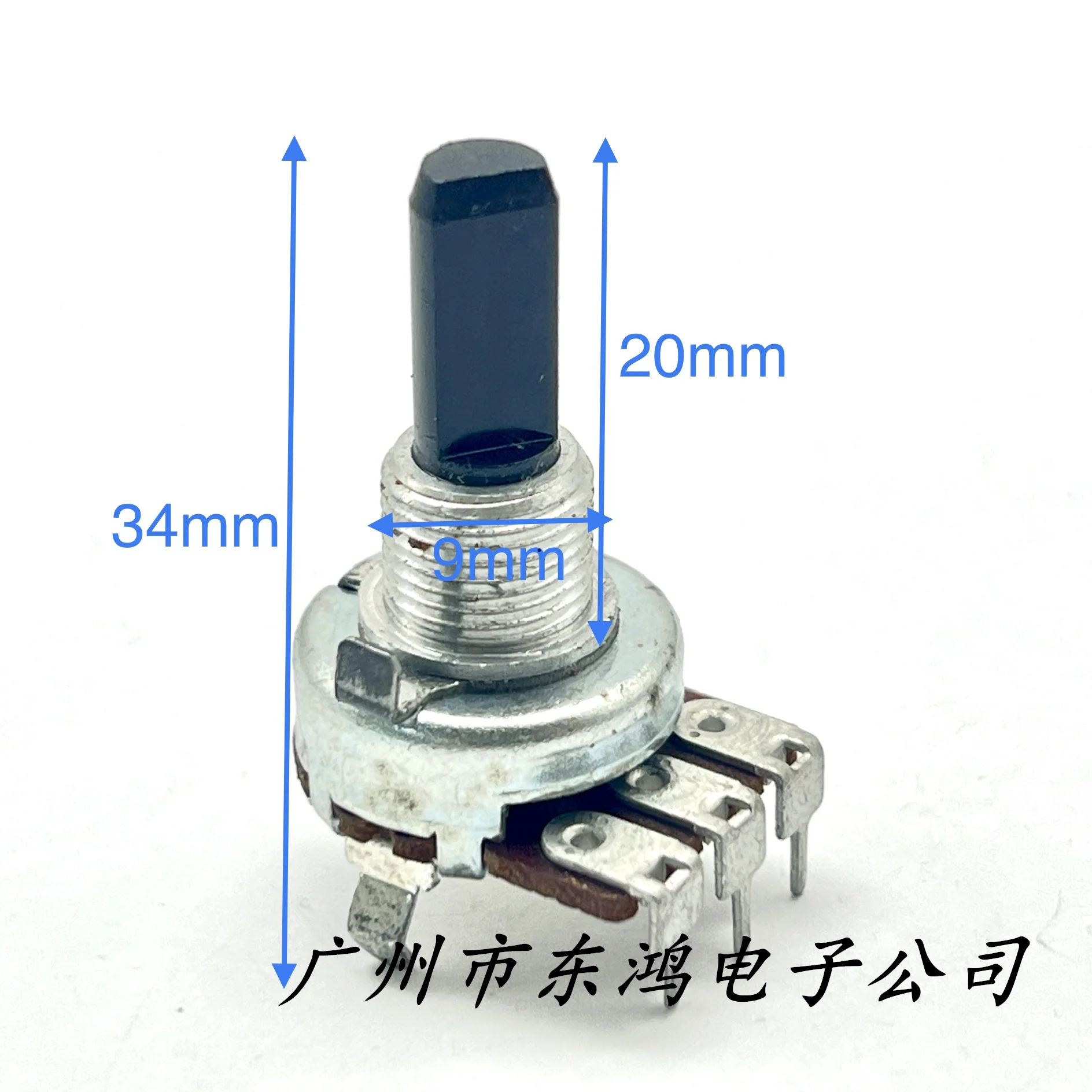 1 piece of Taiwan RK161 rotary potentiometer W100K with a midpoint positioning axis length of 20mm