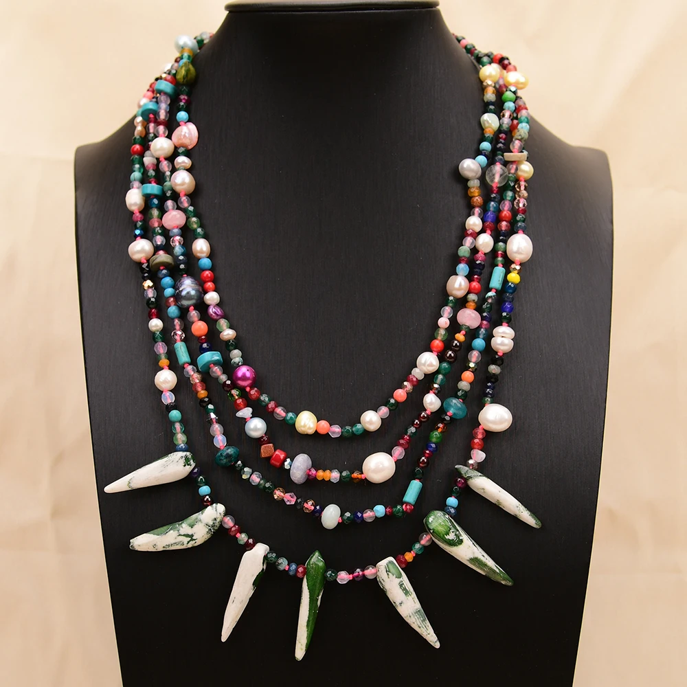 APDGG A11 Handmade 4 Rows Natural Mix Stone Pearl Jade Agate Multi Strands Necklace