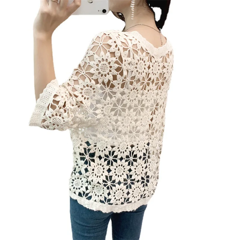 2024 New Spring And Summer Popular Knitted Sweater Cardigan Female Thin Hollow Lace Shirt Outer Sun Protection Shawl