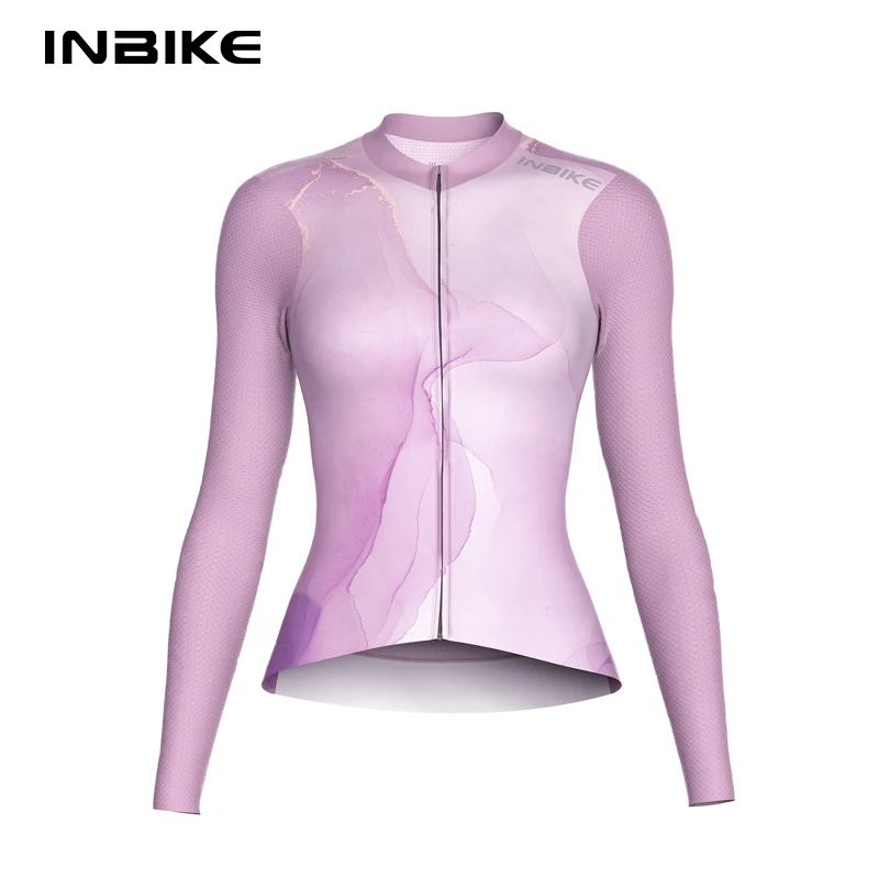 INBIKE 여성용 긴 소매 사이클링 자전거 저지, 산악 도로 라이딩 셔츠, 주머니가 달린 반사 자전거 의류