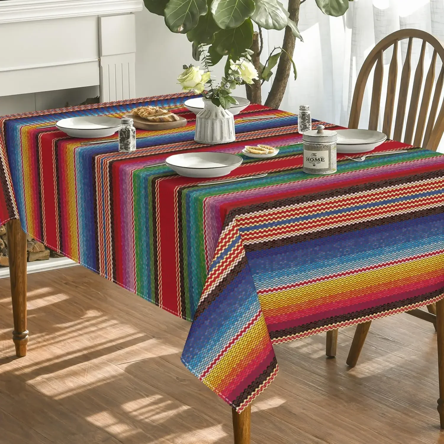 Mexico Colorful Stripe Tablecloth for Table Decor Reusable Mexican Day of The Dead Kitchen Dining Table Cloth Fiesta Party Decor