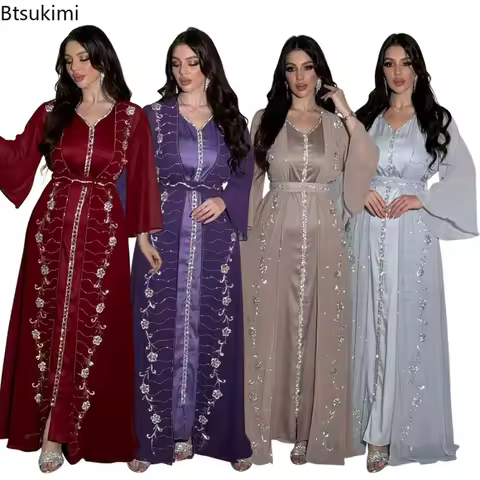 Spring Fashion Muslim Dresses for Women Elegant Long Sleeve V-neck Party Evening Maxi Dress Suit Inner Dress and Abaya Outfits