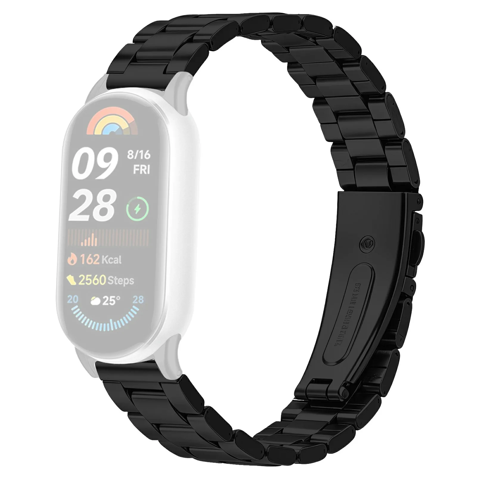 Watch Strap for Xiaomi Smart Band 10 / 9 / 8 Stainless Steel Three-bead Band with Folding Clasp - Black