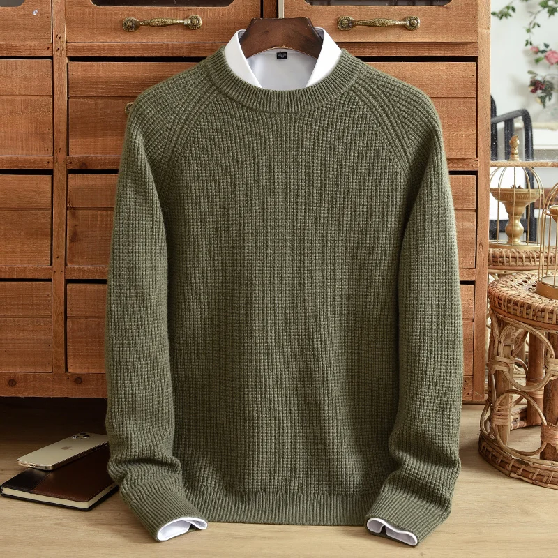 100% pure cashmere sweater men's winter thick striped round neck pullover Korean version of youth knitted sweater casual fashion