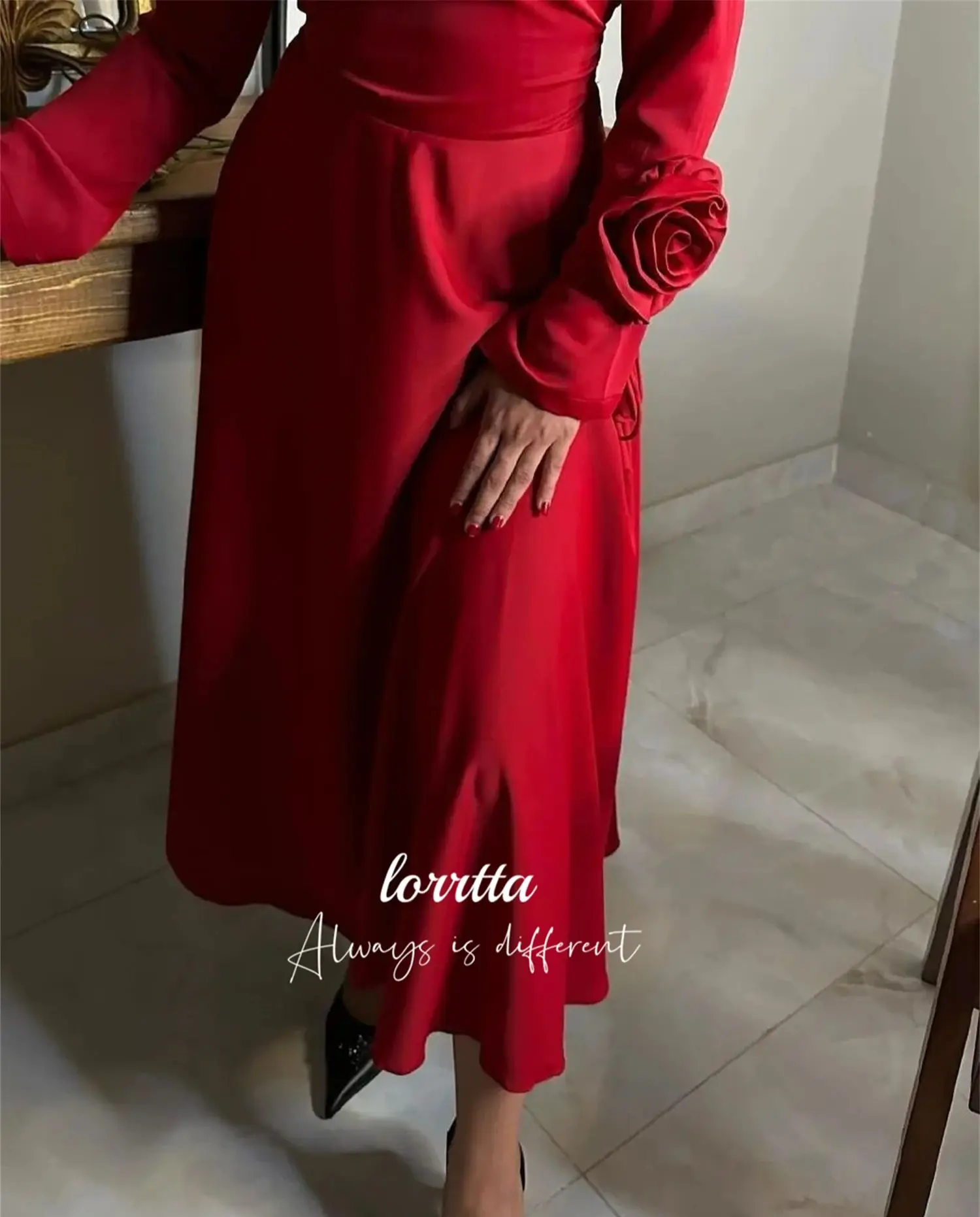 Lorrtta Medium Length Deep Red Long Sleeves V-neck Evening Dress Elegant Party Dresses Woman Prom Wedding Customized 2024 Gown