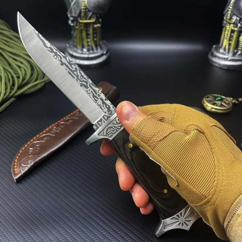 Outdoor knife, forged steel head, carved and boneless blade, sharp hand, meat scraper, camping wilderness survival hunting knife