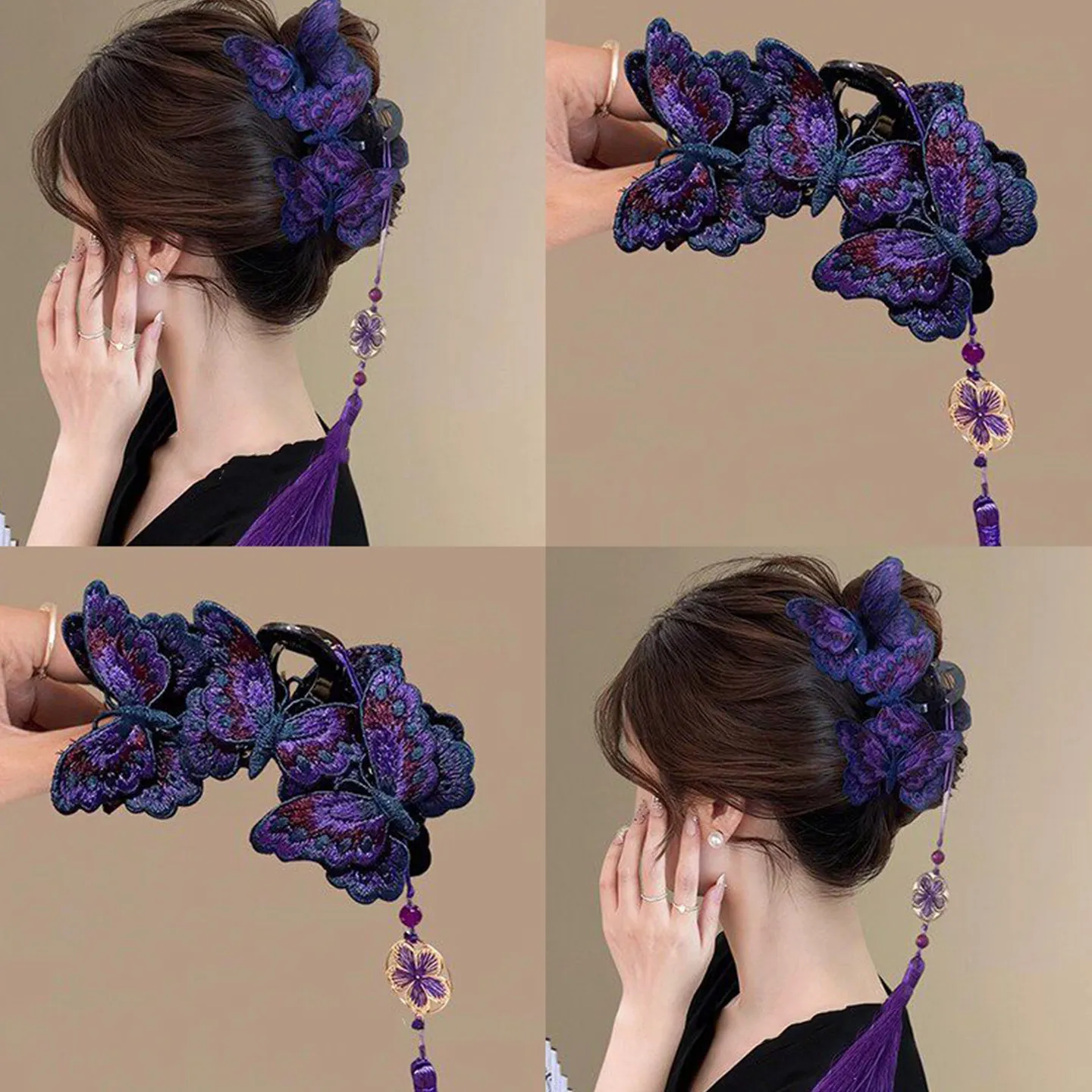 New Chinese Style Blue Embroidery Butterfly Hair Claws Women's Purple Long Flower Tassel Shark Clips Retro Cheongsam Headwear M view 5