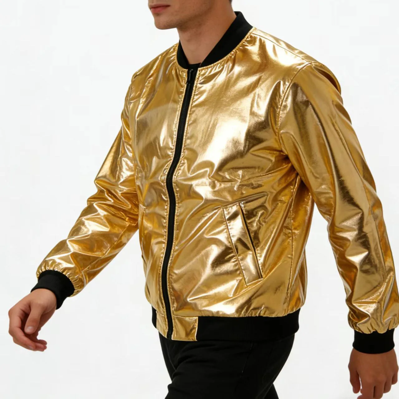 Fashionable Men's Stand Up Collar Jacket American Simple Hot Stamping Gold Silver Purple Colors Performance Costume Zipper Coats