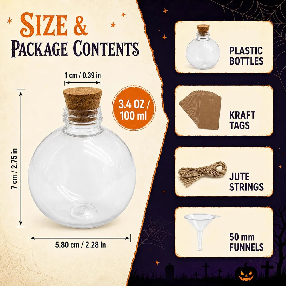 Spherical Plastic Potion Bottles with Corks Tags & Funnels 3.4 Oz Clear Candy Jar Set for Halloween Christmas Wedding Party