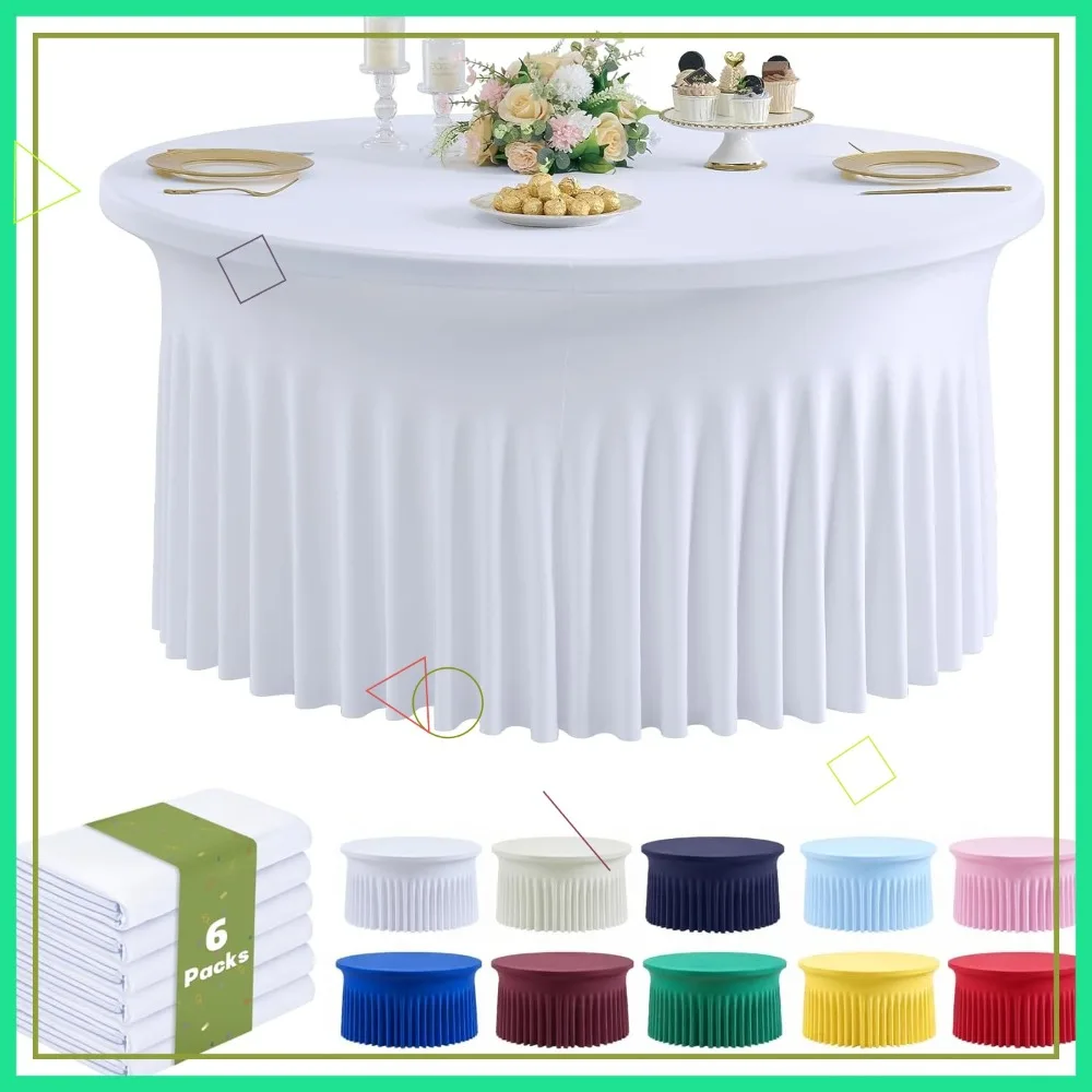 Paquete de 6 Manteles Redondos de Spandex Blanco de 72 Pulgadas, Elásticos y Ajustables para Mesas de 6 Pies, Cubierta para Banquetes y Fiestas de Boda Sin Arrugas