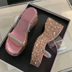 Eilyken Summer Street Style Crystal PVC Transparent Sequin Women Slippers Fashion High Heels Platform Wedges Shoes