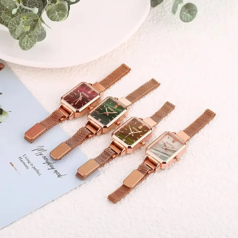 2024 Women Watches Fashion Square Ladies Quartz Watch Magnetic Strap Green Dial Simple Rose Gold Mesh Luxury Women Watches