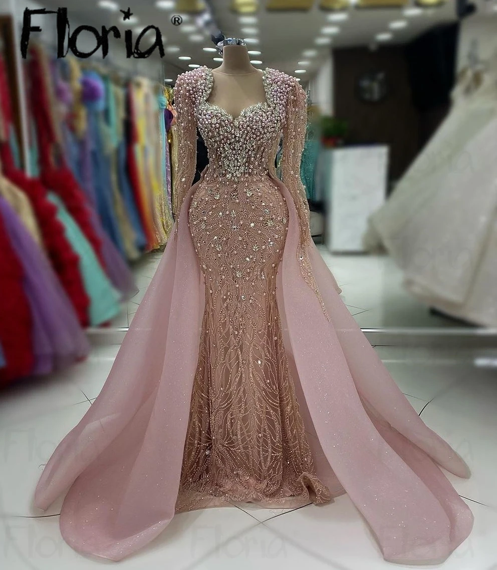 Sparkling Pink 2024 Women Evening Dress High Back Long Sleeve Pearls Wedding Party Gowns With Overskirts Dubai Formal Prom Dress