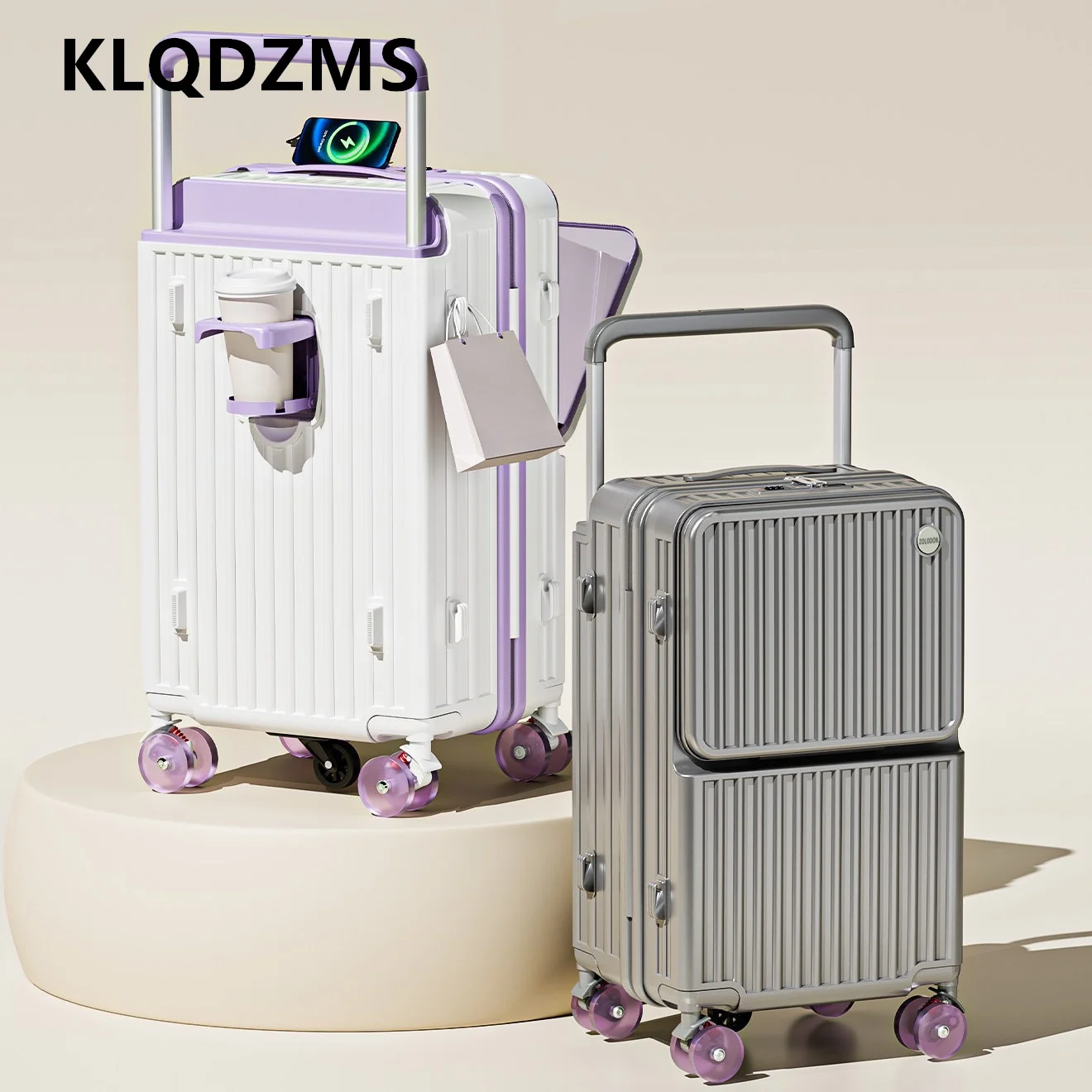 KLQDZMS USB Charging Suitcase Front Opening Boarding Case Laptop Trolley Case 20