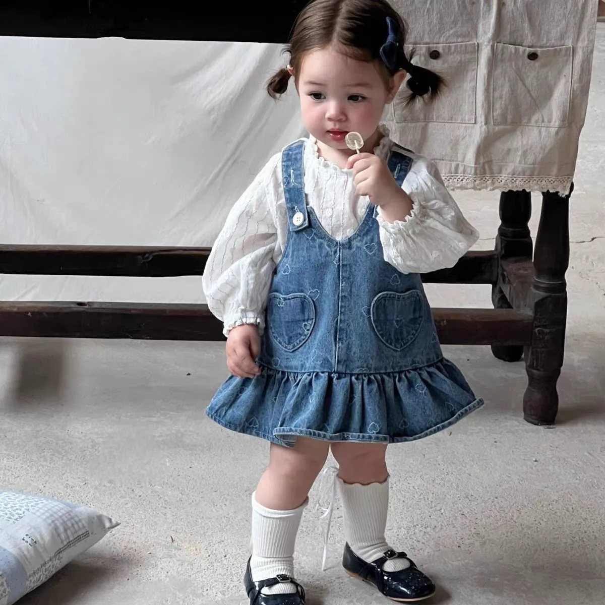 korean style pinafore dress T2686/Q2686 Autumnal Denim for Girls with White Shirt Fashionable One-Piece Skirt for Kids kyle richards online store