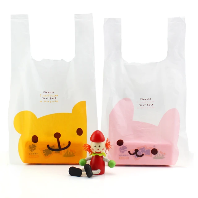 Witte Kleur Handvat Tassen 0.05Mm Leuke Cartoon Kat Patroon Plastic Vest Zak Drank Takeaway Verpakking Zak Sieraden Drinken tas