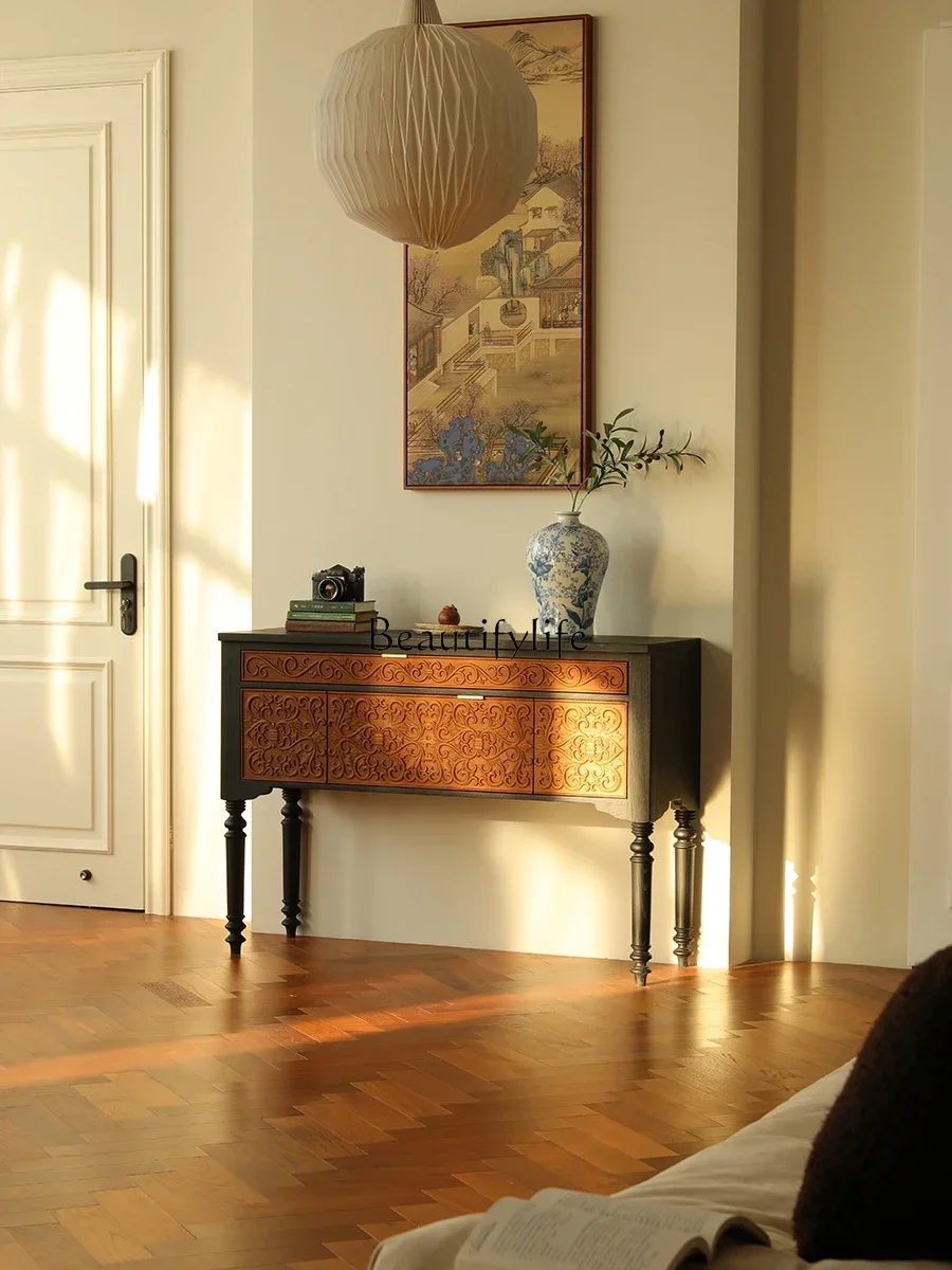 

yj58 French Living Room Entrance Cabinet Solid Wood Collection Display Cabinet Contrast Color Desk Table Retro Style