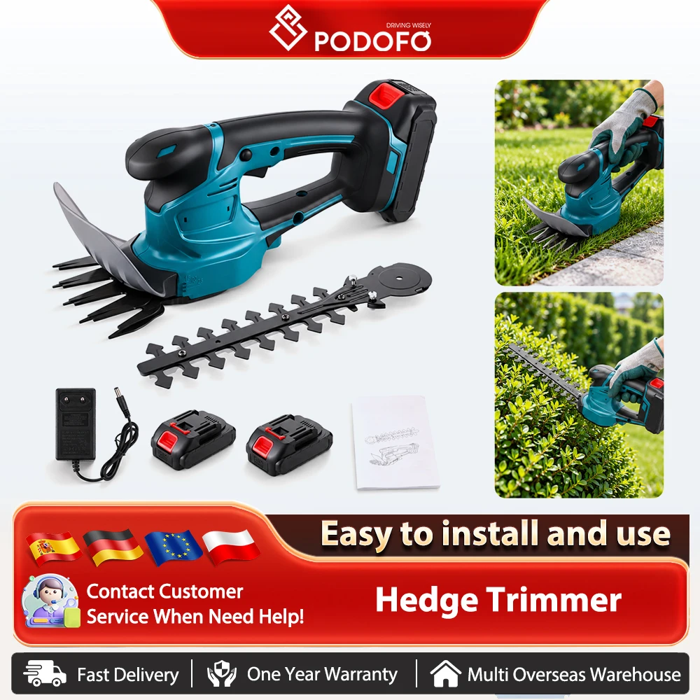 Tagliasiepi elettrico Podofo 2 in 1, senza fili, per tagliare erba e arbusti, attrezzo da giardino elettrico, strumento per la potatura, ideale per cortili, giardini e prati.