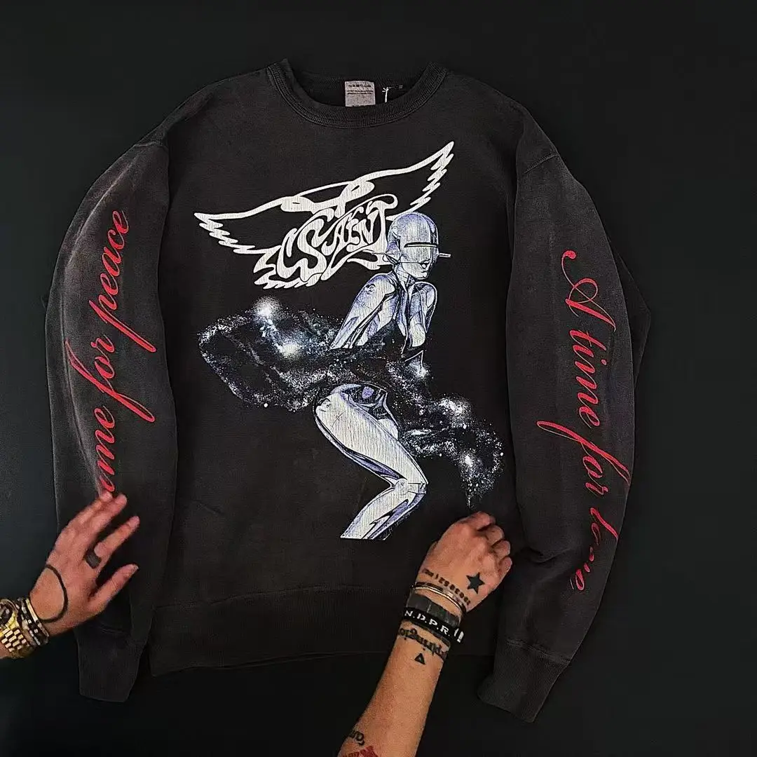 

Футболка с длинными рукавами и буквенным принтом High Street, мужская и женская футболка с бирками, хлопковая винтажная черная футболка большого размера, топ, потертые пуловеры